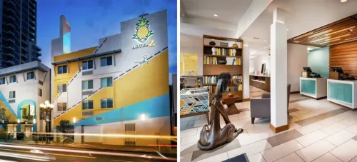 Exterior of the Staypineapple Hotel Z Gaslamp San Diego (left) and interior lobby area (right)